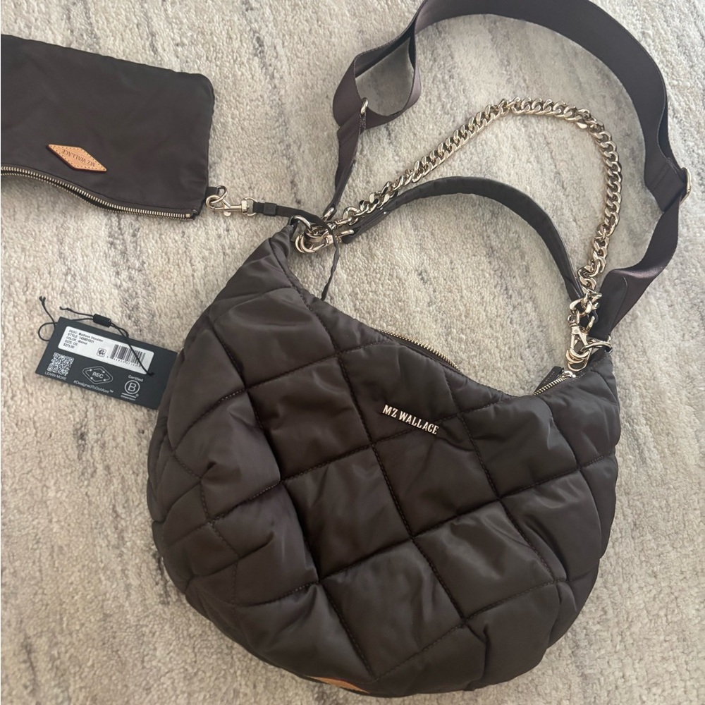 MZ Wallace Quilted Crescent Shoulder Bag in Dark Brown with Gold Hardware